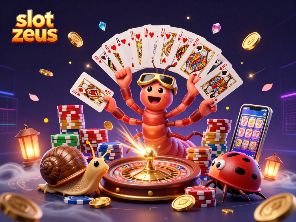 Experience slot zeus with a thrilling 3D illustration of a millipede dealer and vibrant casino elements.