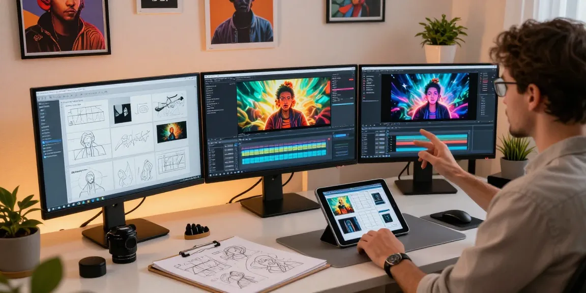 Dynamic workspace showcasing a digital artist using Seedance 2.0 for creating stunning AI videos, featuring vibrant screens and artistic tools.
