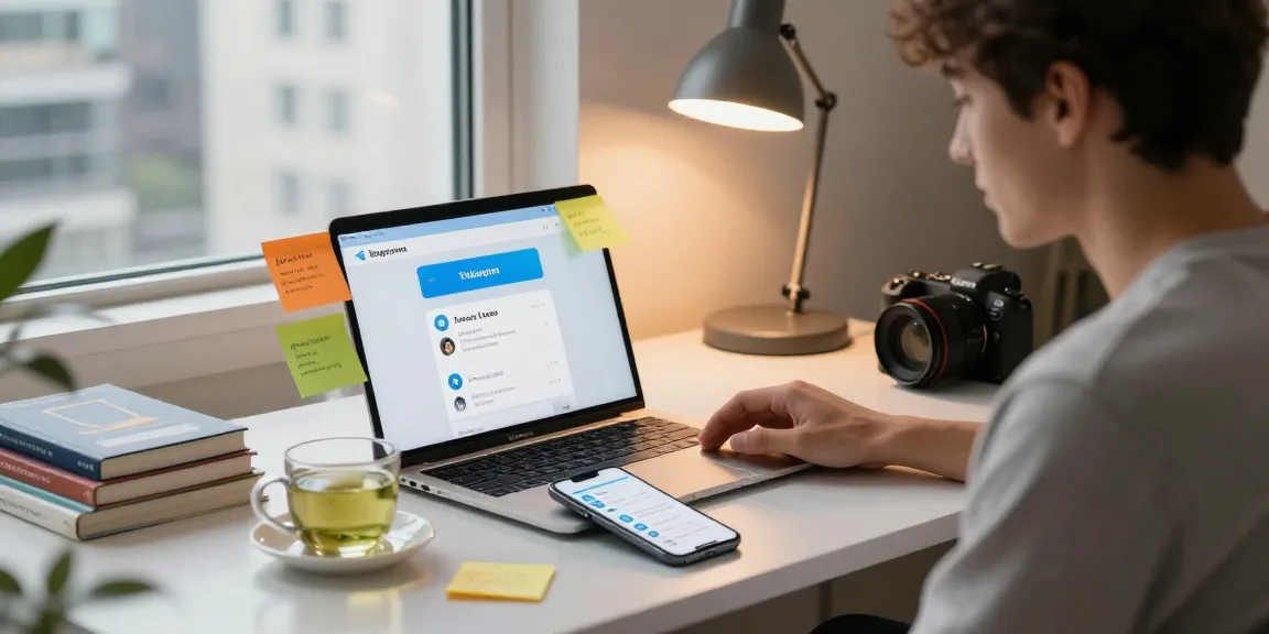 Explore the Telegram China app guide in a modern workspace with devices showcasing app features.