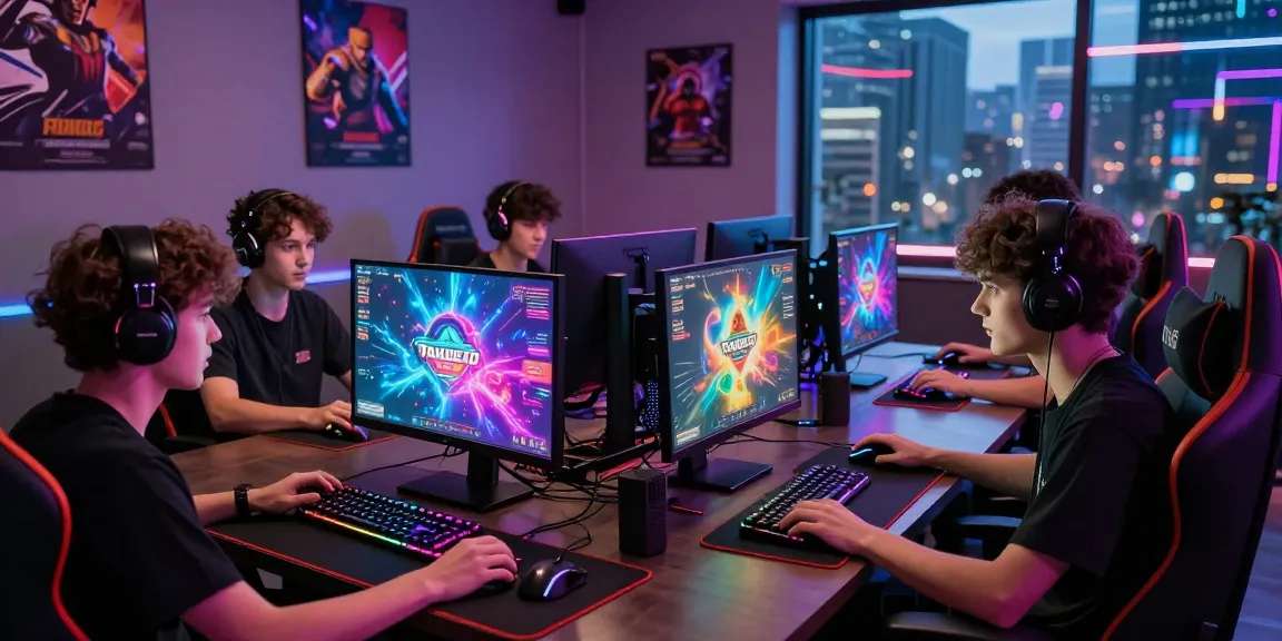 Group of gamers enjoying a multiplayer session on PAKDE4D platform with vibrant screens and modern gaming setup.