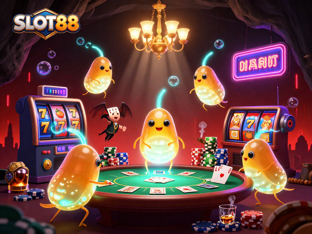 Mainkan SLOT88 dengan beragam simbol slot dan dealer bat yang unik di kasino bawah tanah yang bercahaya.