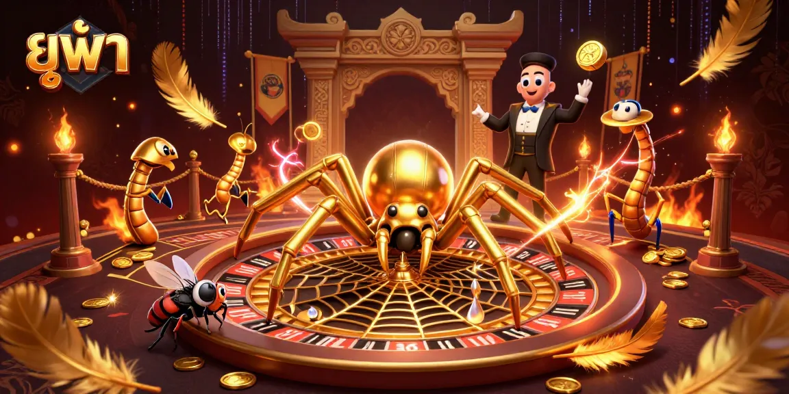 Experience the excitement of ยูฟ่า with a lively scene featuring a golden spider and a centipede croupier in a casino setting.