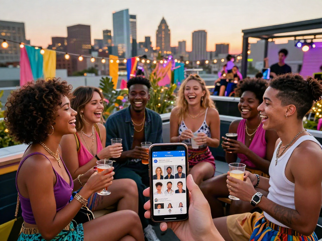 A diverse group of friends at a rooftop party, using a celebrity look-alike app, showcasing trendy outfits inspired by popular celebrities.