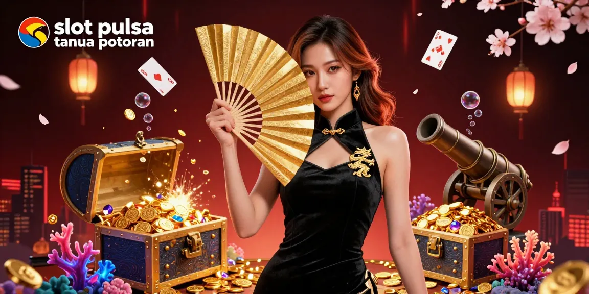 Experience thrilling games at slot pulsa tanpa potongan with a captivating casino illustration featuring a stunning Asian woman.