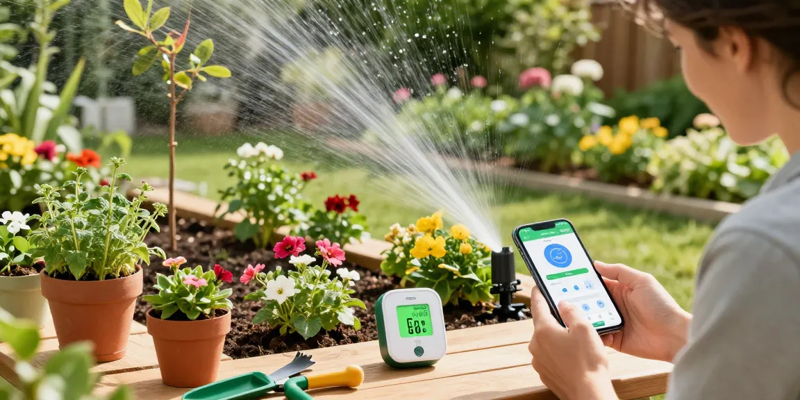 Effortlessly using RainPoint WiFi water timer to manage garden irrigation while checking smartphone app.
