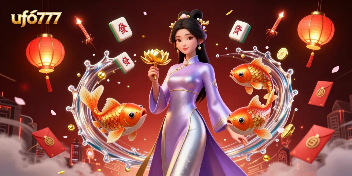 Experience ufo777's vibrant gaming realm with stunning visuals of a graceful woman and koi fish in a casino setting.