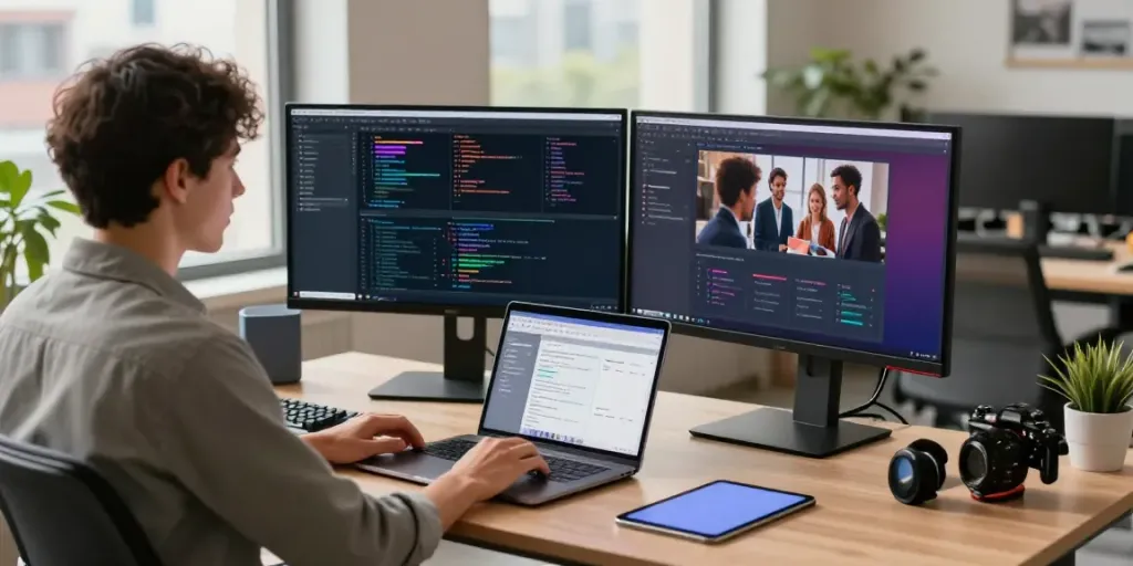 Discover free open-source Android apps from h5.2113.net in a modern tech workspace filled with coding and development tools.