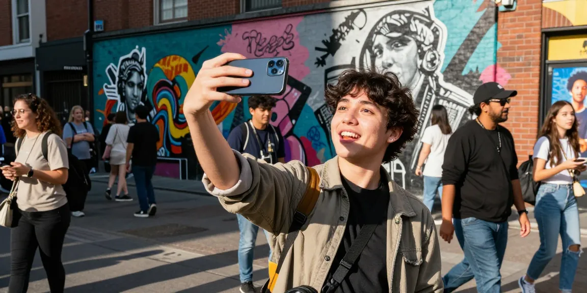 Person excitedly discovering celebs I look like in a lively street scene