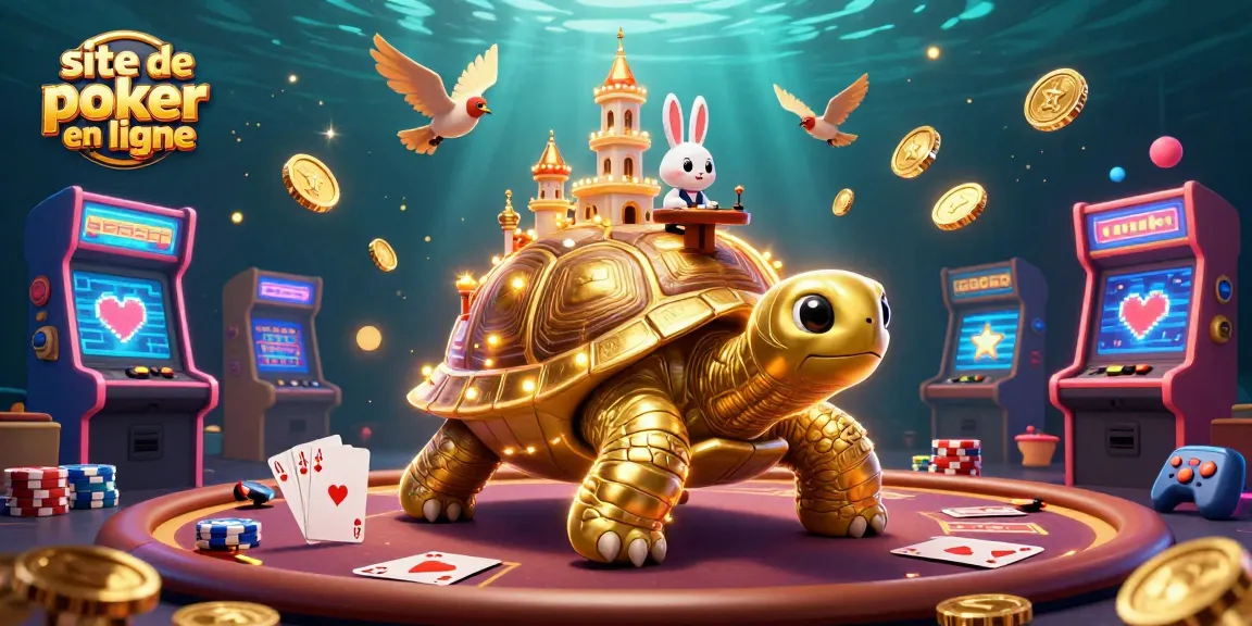 Vivez l'expérience palpitante sur un site de poker en ligne avec un casino miniature sur une tortue dorée.