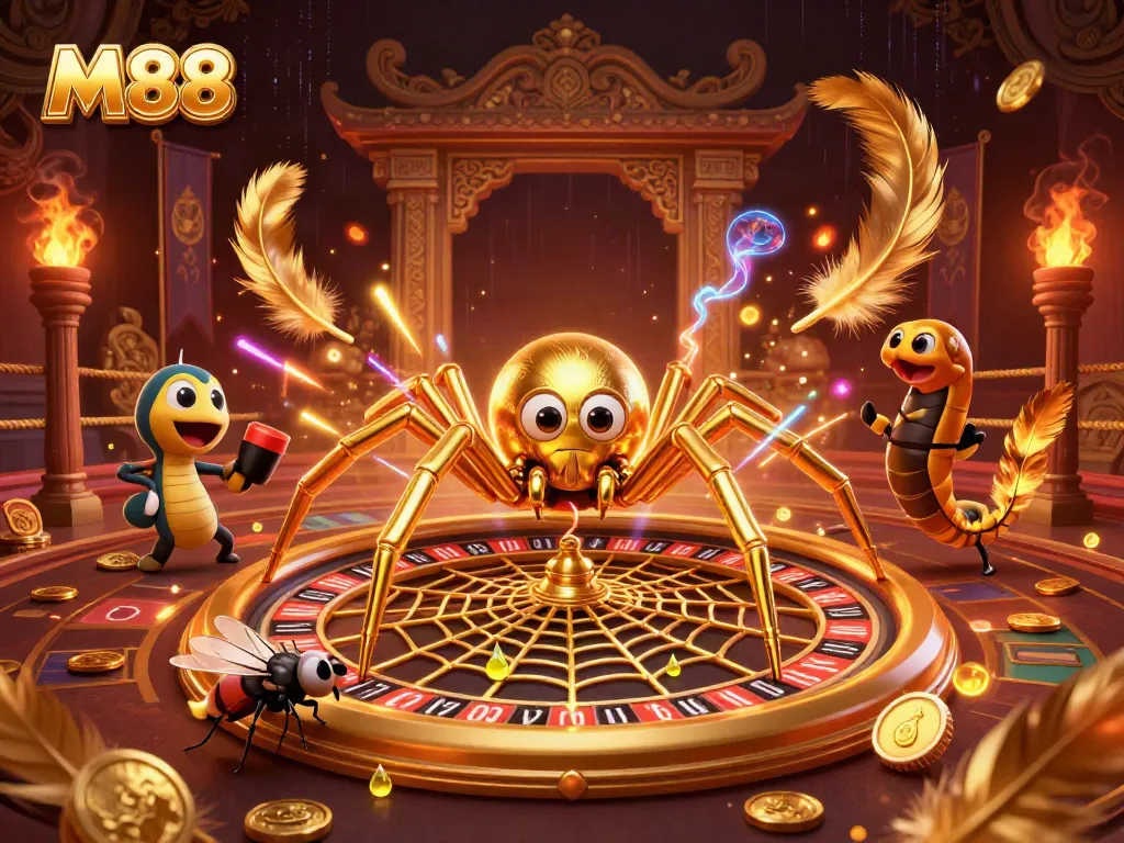 Spinning the M88 roulette wheel, featuring a golden spider and centipede croupier amidst vibrant casino elements.