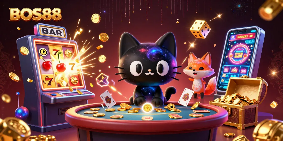 BOS88 menghadirkan keseruan slot online dengan kucing hitam galaksi dan rubah nebula mengelilingi meja kasino.