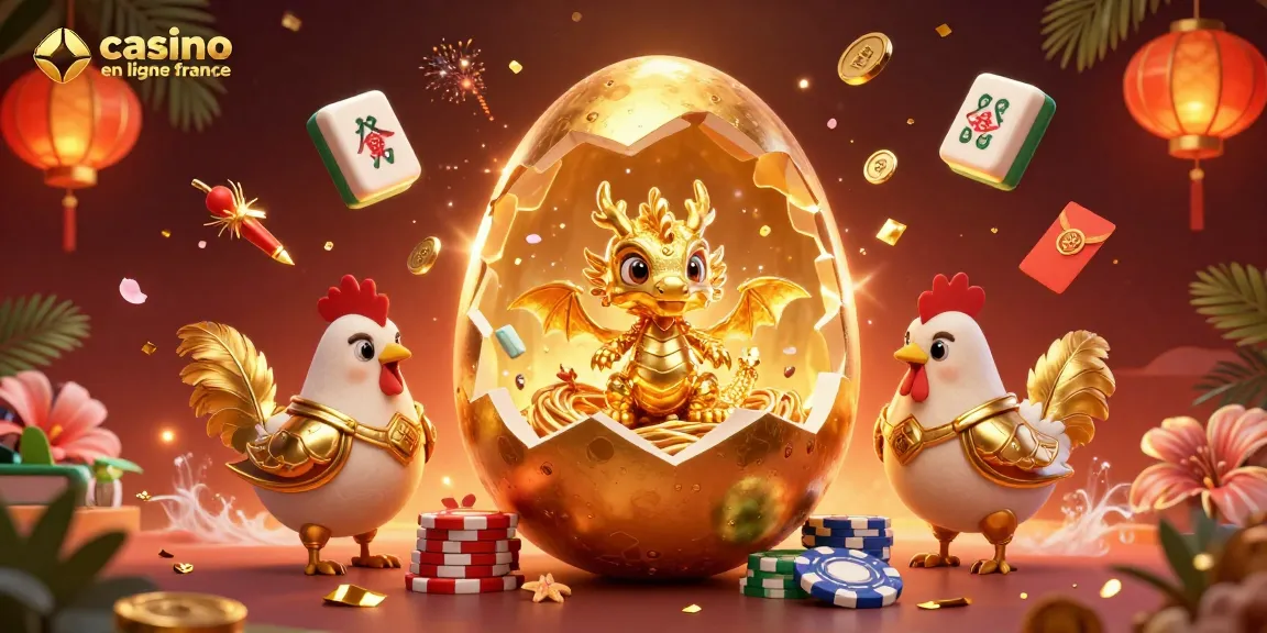 Pariez sur casino en ligne France avec une illustration colorée de jeux de casino et un dragon doré.