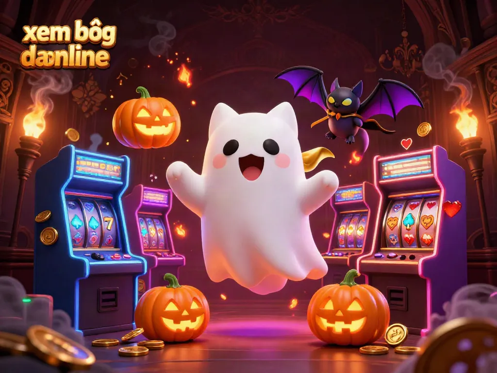 Experience xem bóng đá online with a friendly ghost cat and vampire bat in a lively casino scene filled with colorful gaming elements.