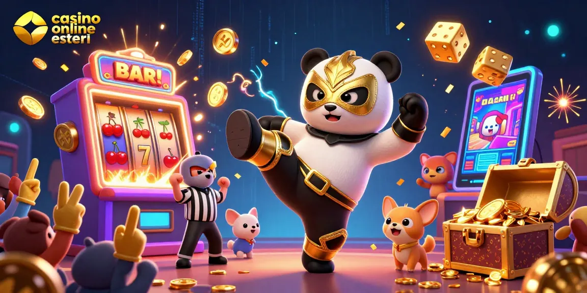 Scopri i migliori casino online esteri con un panda wrestler e un arbitro in un'illustrazione dinamica.