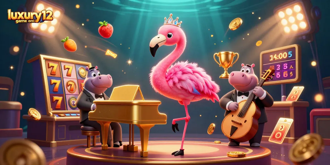 Experience the thrill of luxury12 game online with vibrant characters and lively slot elements in this detailed illustration.