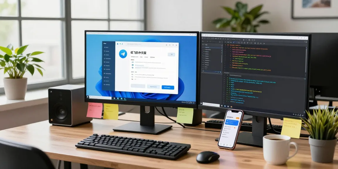 An engaging workspace featuring a developer using the 纸飞机中文版 interface on dual monitors, showcasing productivity in a modern tech environment.