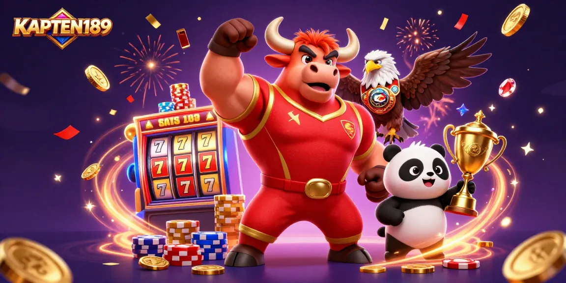 KAPTEN189 menang besar dengan karakter kasino, slot, dan koin emas berhamburan