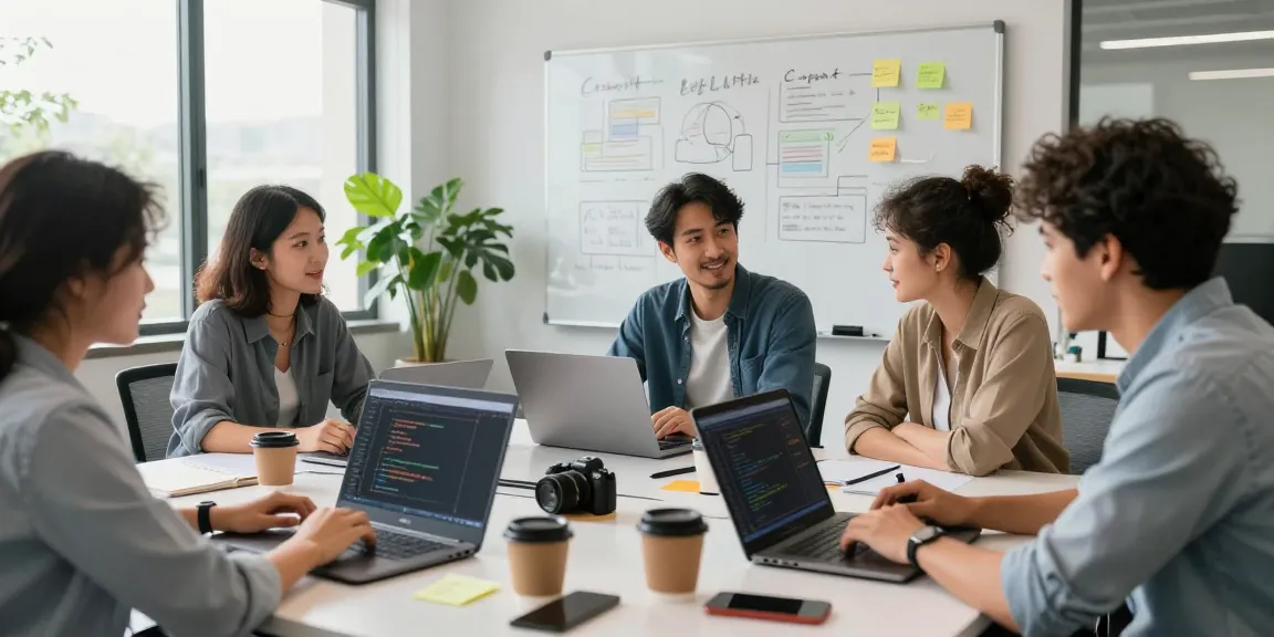 Team collaboration in a modern workspace showcasing telegraimin.com coding and brainstorming activities.
