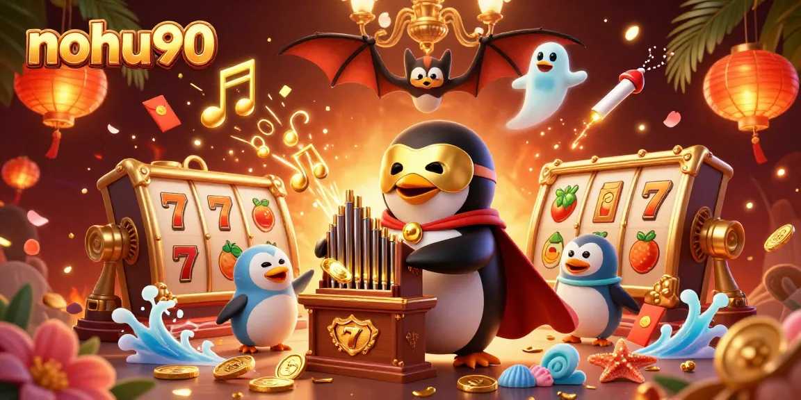 Nohu90 captivates players with an enchanting online casino scene featuring dynamic slot reels and vibrant golden coins.