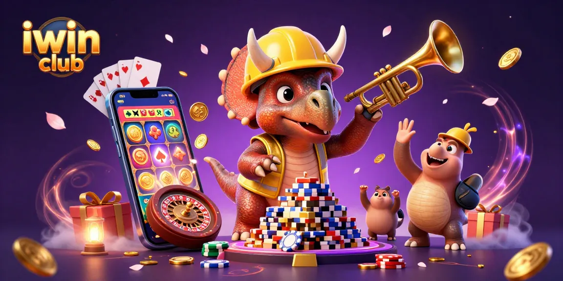 Join the excitement at iwin club with a triceratops building poker chips and a celebrating parasaurolophus.