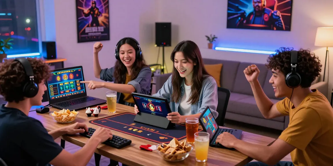Para pemain BATIK88 yang antusias bermain game online di ruang modern dengan suasana ceria dan pencahayaan LED.
