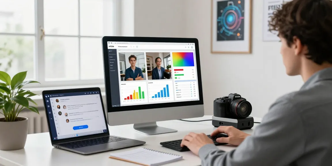 AI image detector interface displaying analysis results in a modern office.