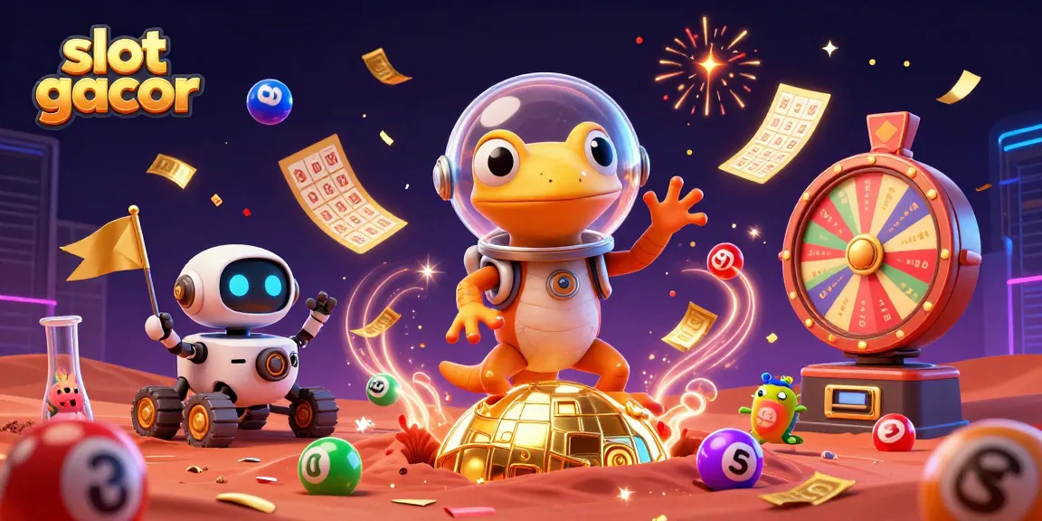 Slot gacor yang menampilkan gecko Martian dalam helm, berinteraksi di kasino dengan hadiah melimpah.