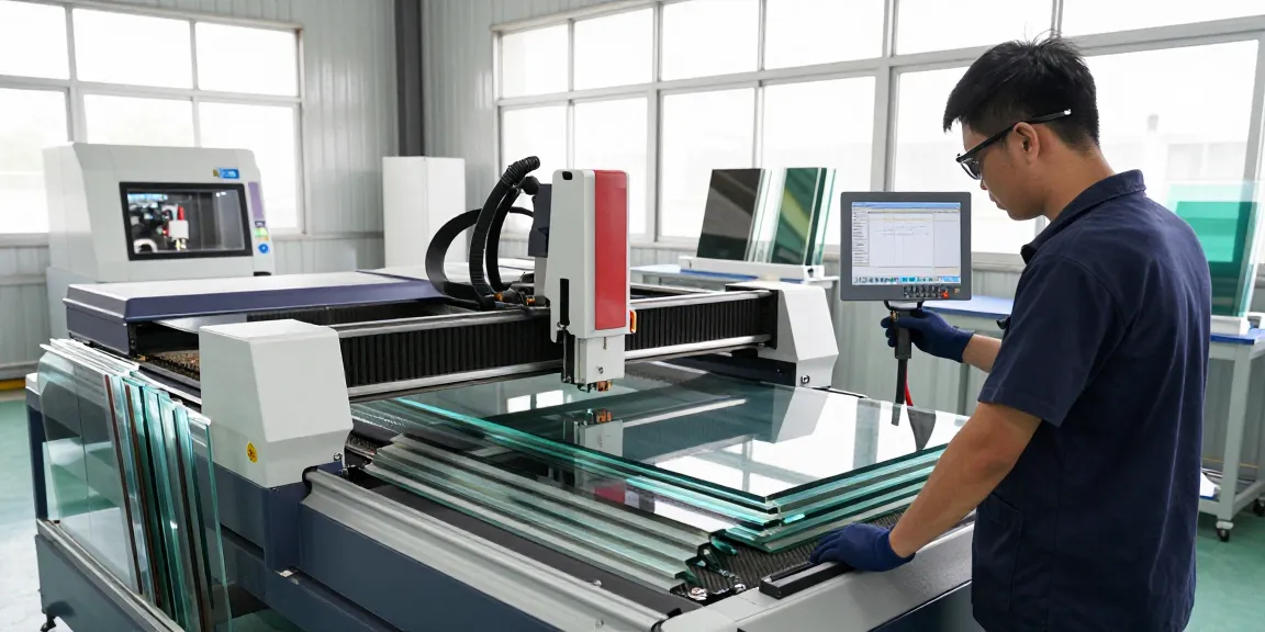 CNC glass cutting machine operating in a modern glass processing workshop, highlighting efficiency and precision.