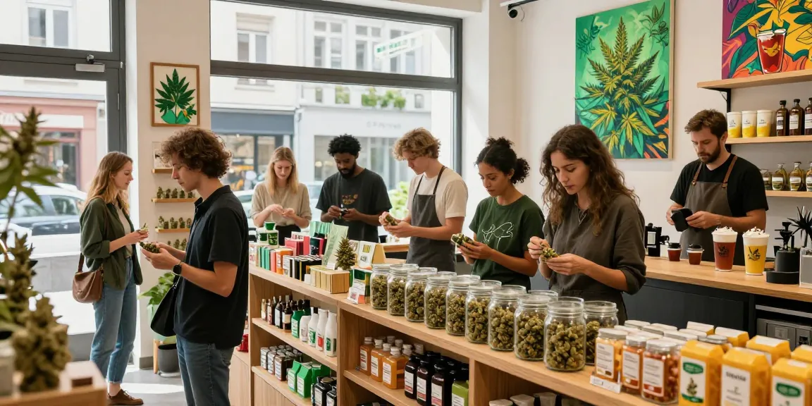 Where Can l Buy Cannabis Legally In Munich? Best Guide to vibrant dispensary with diverse customers and staff assisting.