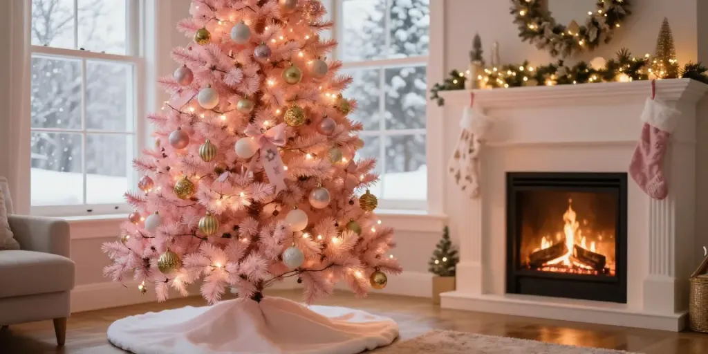 Pink xmas tree decorated with pastel ornaments in a cozy living room for the holidays