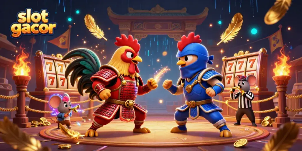Experience a thrilling showdown in the slot gacor arena with dynamic fighting roosters and vibrant casino elements.