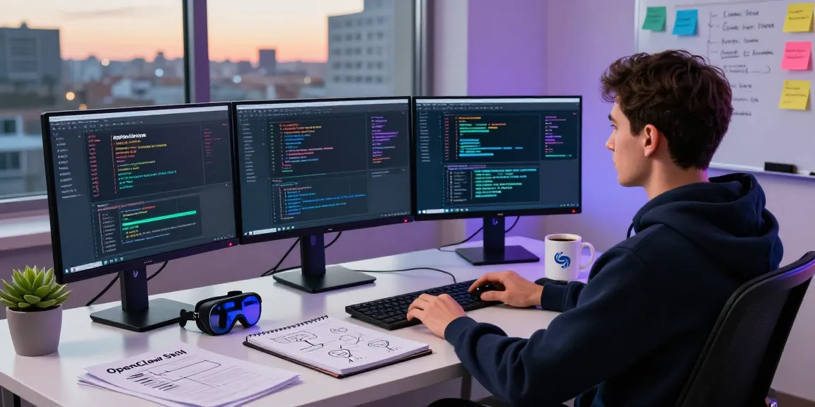 Developer utilizing openclaw skill in a modern workspace, showcasing coding with AI tools and urban skyline.