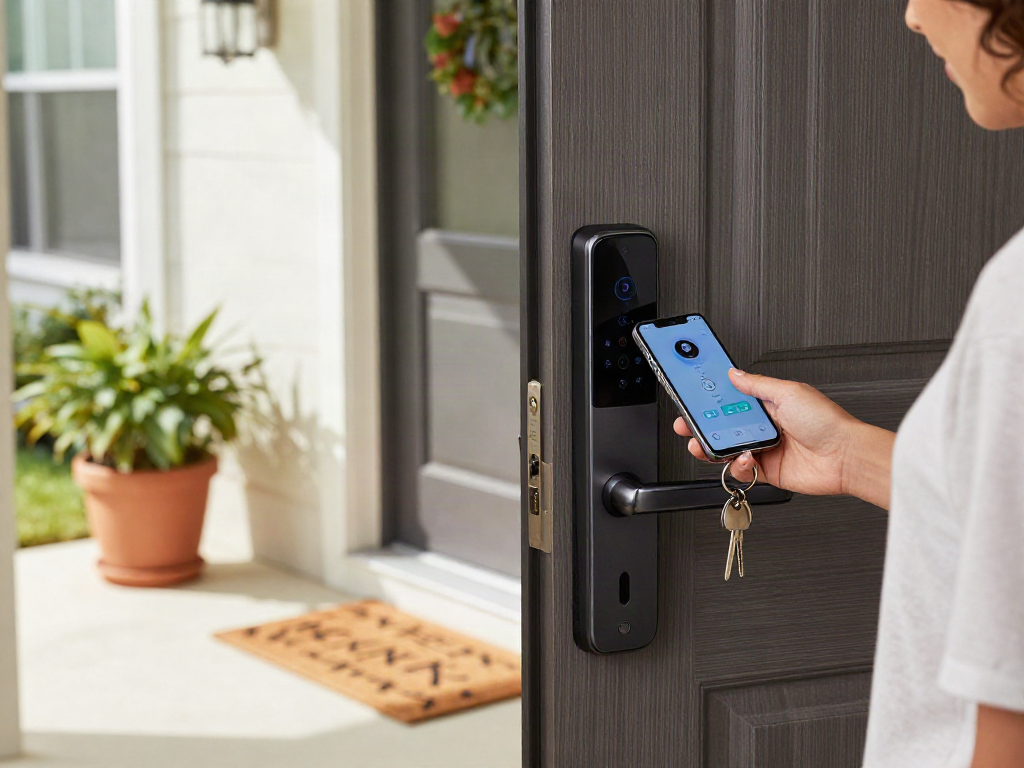 خرید قفل هوشمند smart lock installation at home with smartphone access and stylish door.