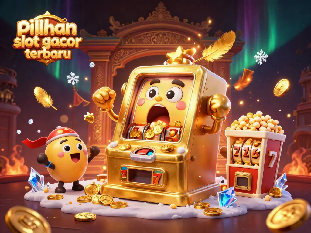 Visualisasi pilihan slot gacor terbaru dengan mesin slot yang menang, koin berjatuhan dan suasana ceria.