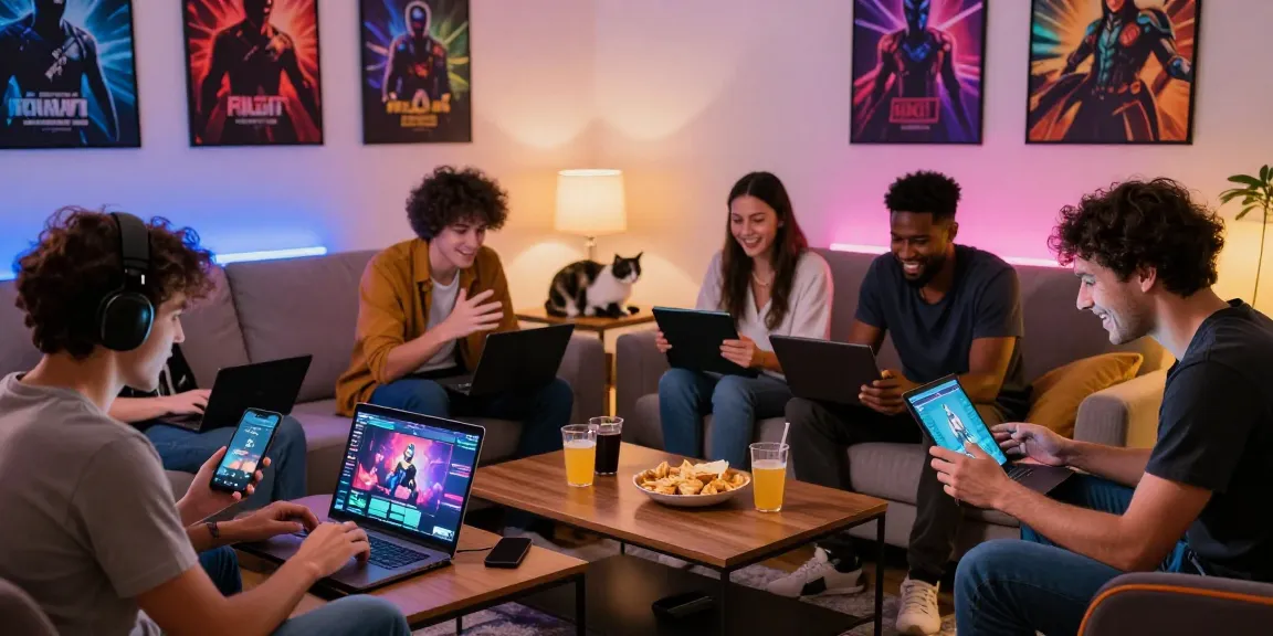Adults playing porngames on multiple devices in a cozy gaming scene.