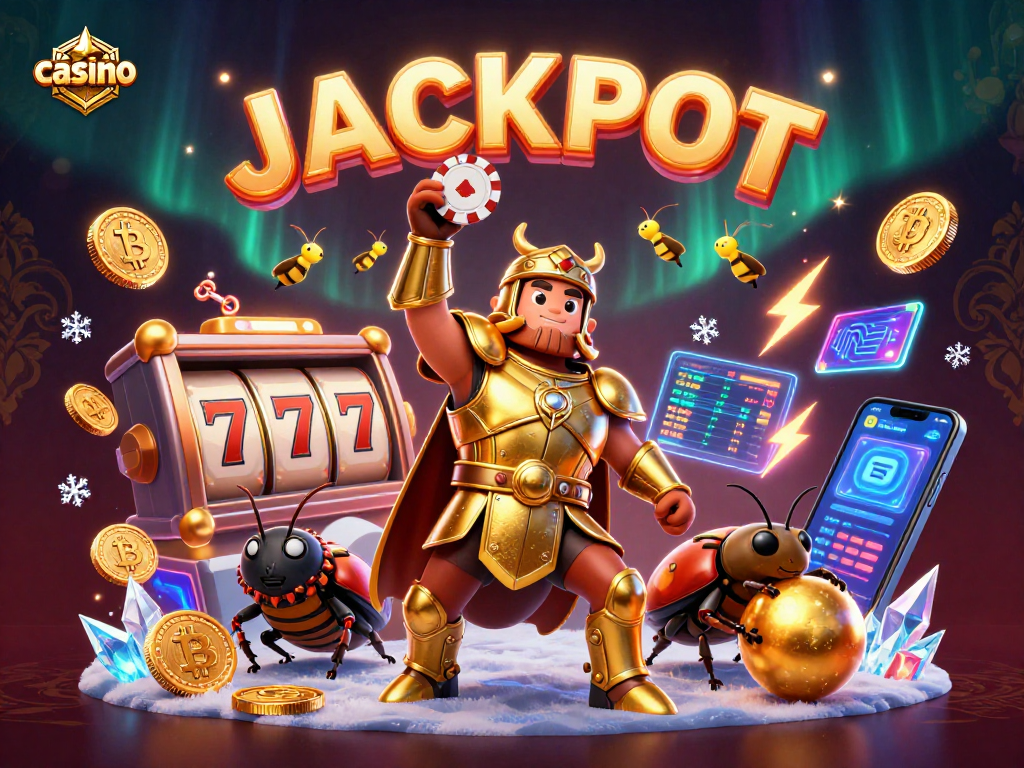 Catch a thrilling casino jackpot with an epic scene featuring vibrant slot reels and lively characters.