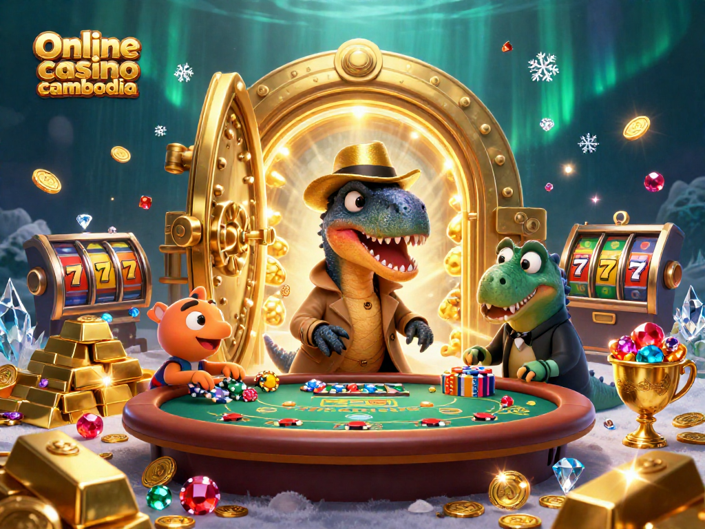 Online casino cambodia illustration with a velociraptor gambler and dynamic casino elements.