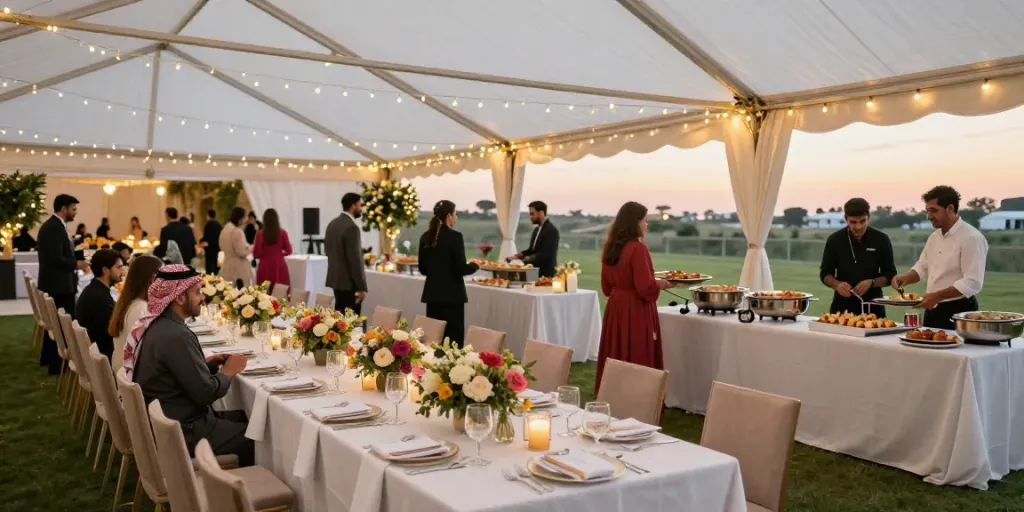 Event rentals showcasing an elegant outdoor venue setup with fine decorations and lighting.