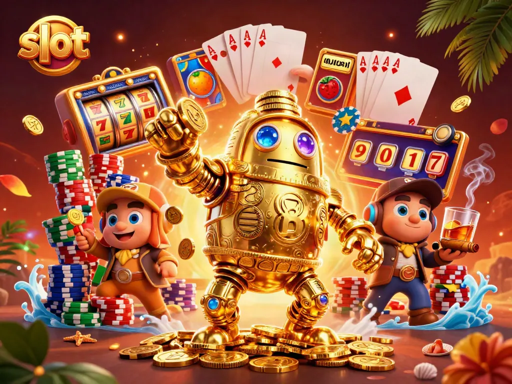 Slot memberikan pengalaman bermain mendebarkan dengan simbol mesin slot yang bersinar dan koin emas berputar.