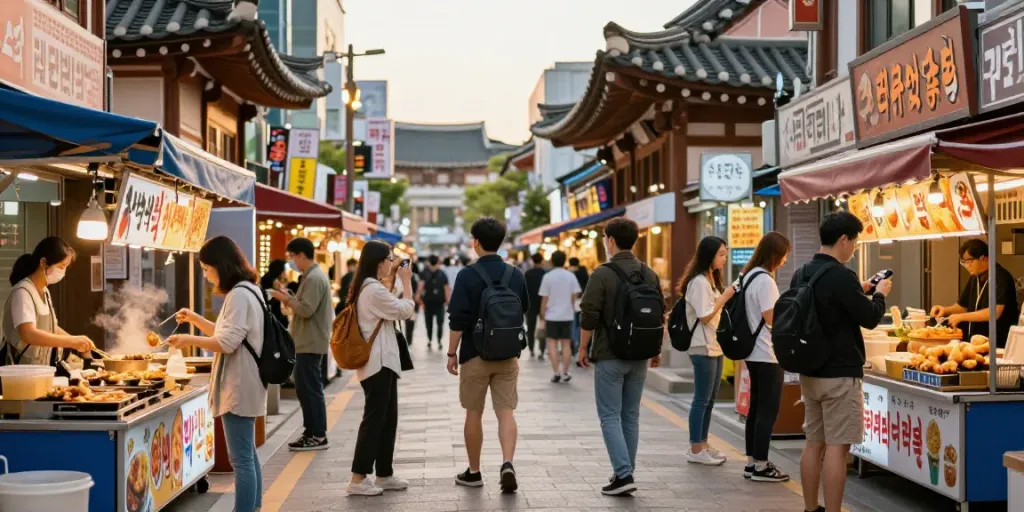 서울OP와 함께하는 여행자들이 서울 거리에서 현지 문화를 즐기는 모습