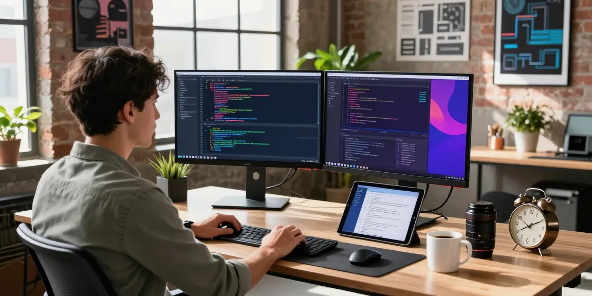 A software developer working on code at a stylish desk, representing the innovative tech world of teiegramin.com.