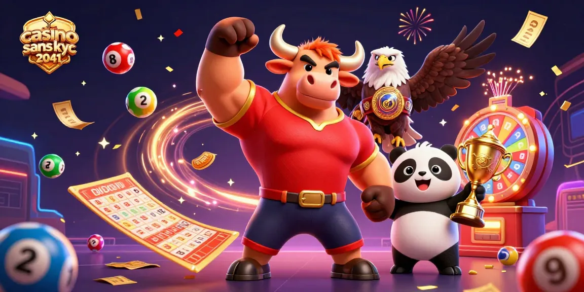 Casino sans kyc 2041, mascotte taureau et panda fêtent avec des balles colorées dans une scène dynamique.