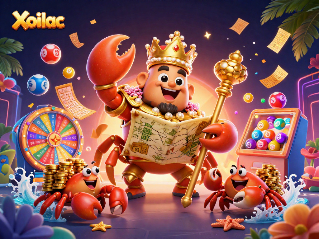Xoilac brings excitement with a golden crab emperor, lottery balls, and dynamic gaming elements.