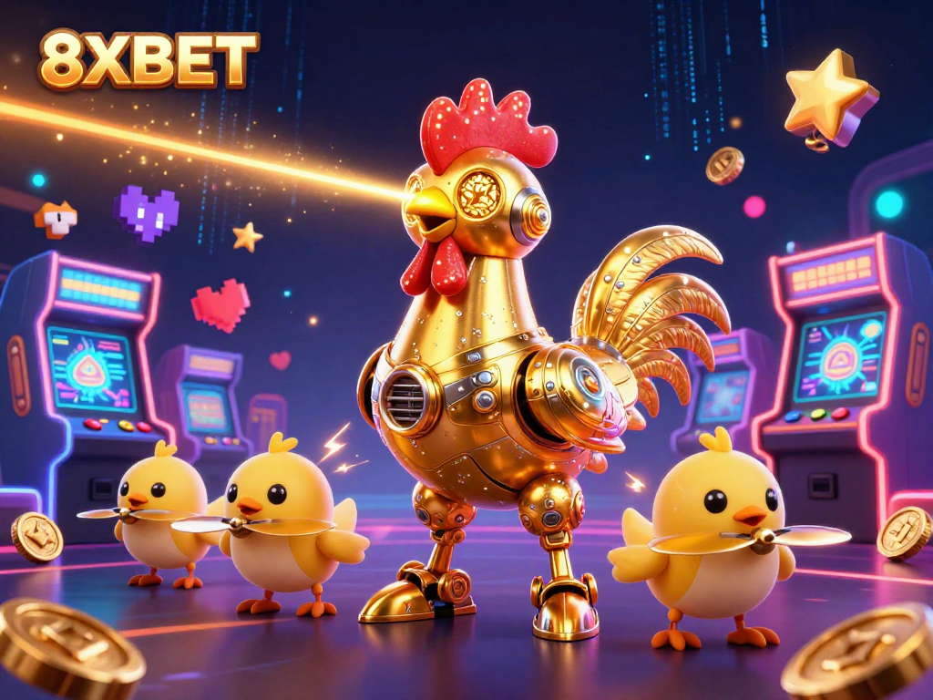 Engage in thrilling gameplay with 8XBET's dynamic gaming atmosphere featuring a futuristic rooster