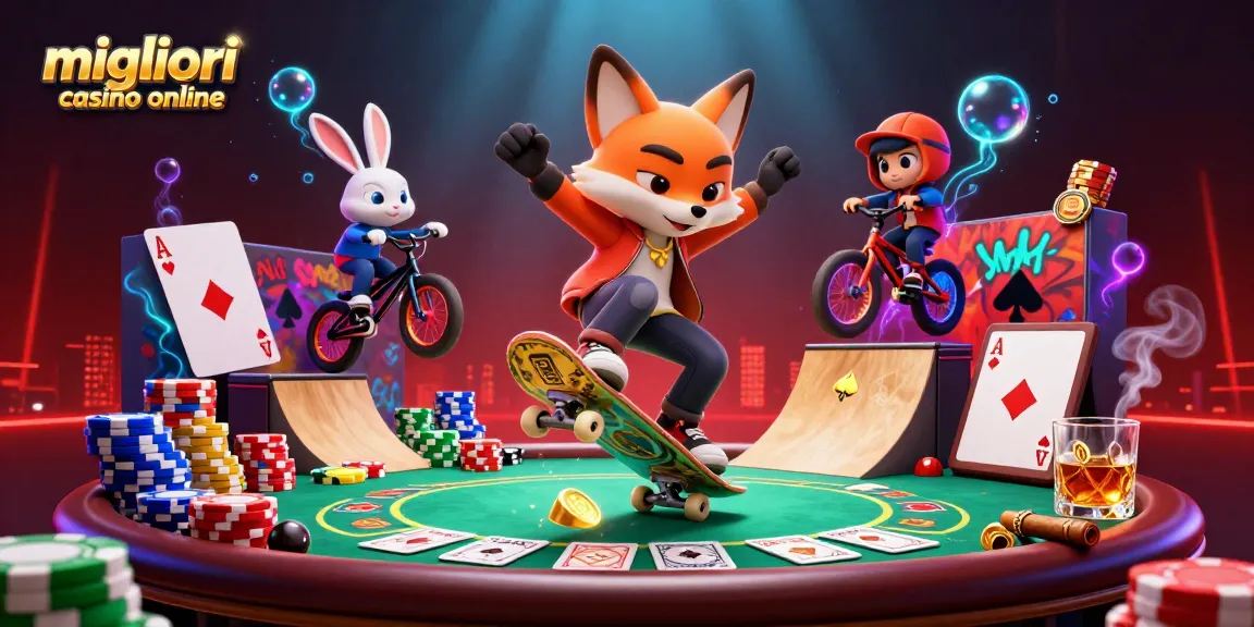 Migliori casino online illustrato con una volpe 3D che esegue trucchi su gettoni da poker dorati, mostrando elementi vibranti del casinò.