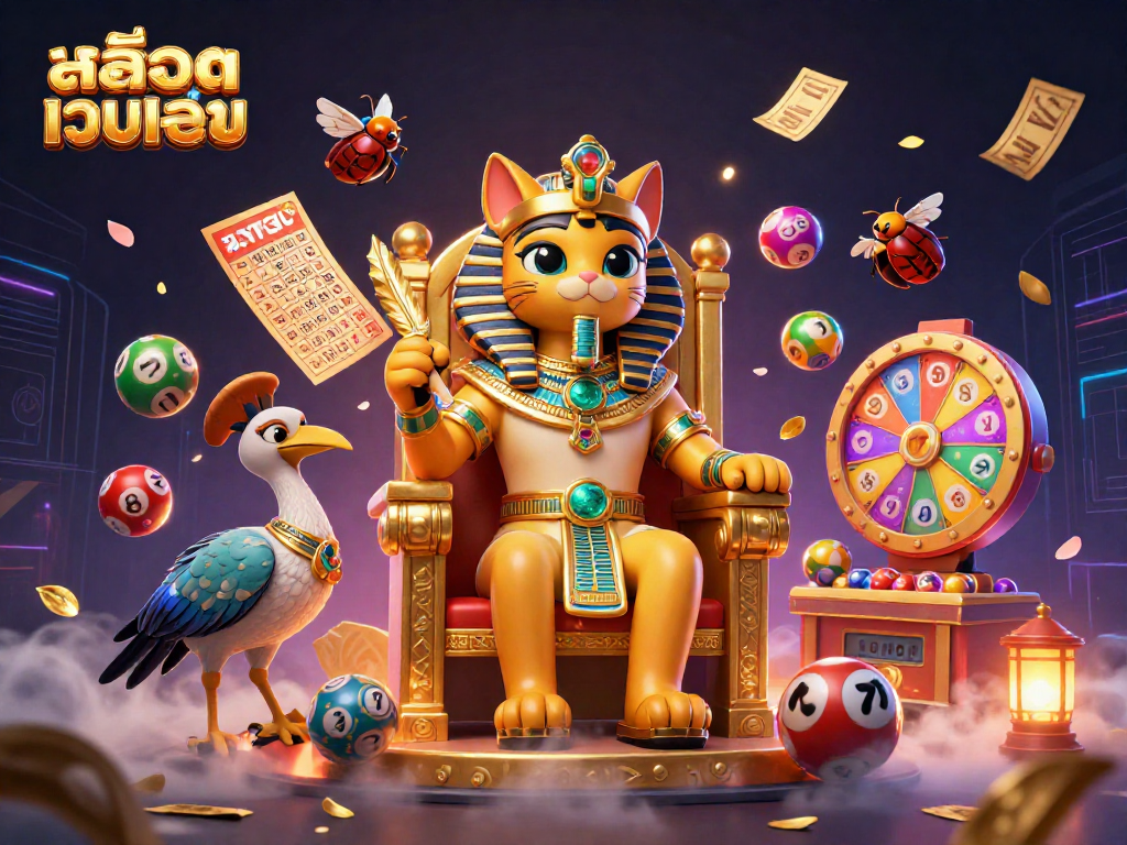 Engage in สล็อตเว็บตรง with a vibrant scene of a pharaoh cat and lottery elements