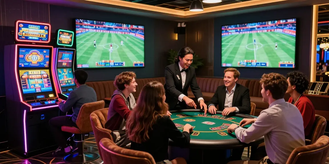 Friends enjoying a vibrant gaming experience at 鉅城娛樂城, playing electronic slots and betting on live sports.