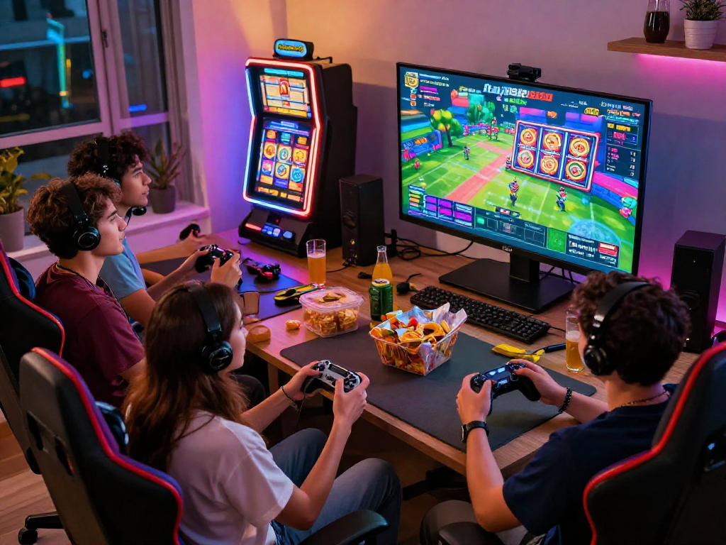 Friends enjoying an exciting gaming experience on Raja328 platform with vibrant visuals and snacks.