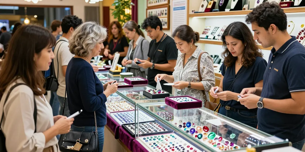Shoppers exploring high-quality gemstones at https://www.mygemspot.com in a vibrant marketplace setting.