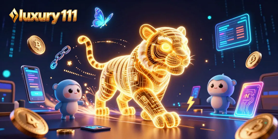 Experience immersive digital gaming with luxury 111 in a vibrant casino scene filled with crypto elements.
